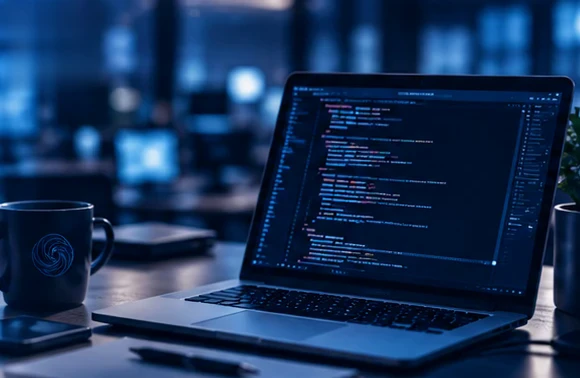 Notebook com código aberto numa mesa de escritório, ao lado de uma caneca com o símbolo da HRTech